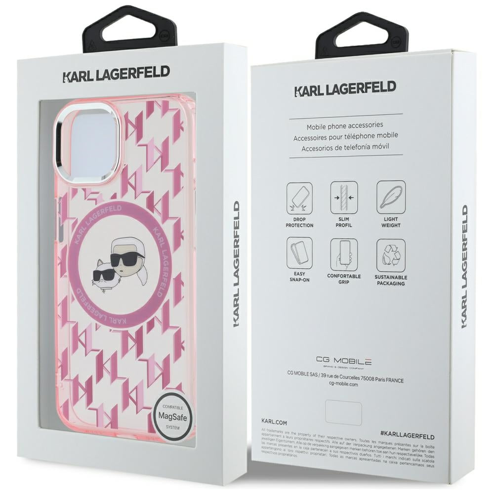 MagSafe Case for Apple iPhone 15 Plus, Karl Lagerfeld, IML Monogram Karl & Choupette's Heads, Pink