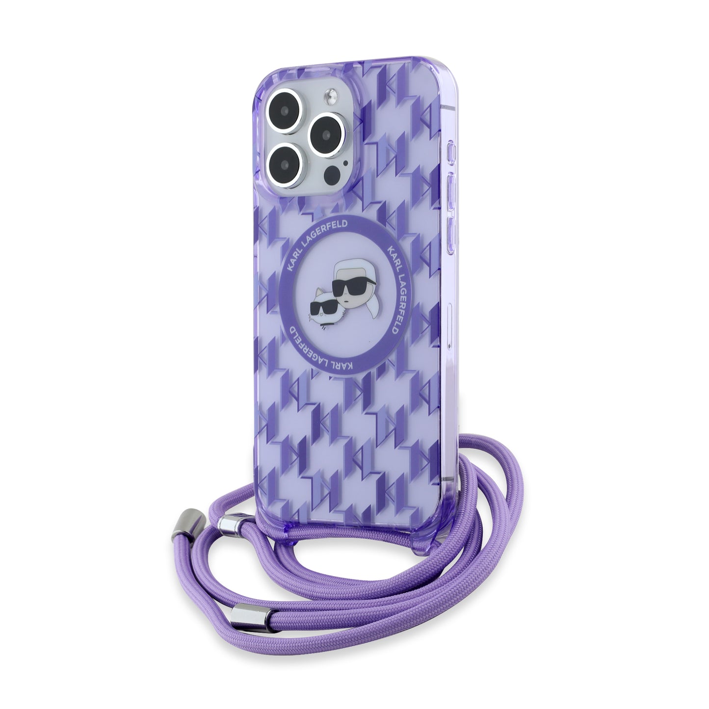 MagSafe Case for Apple iPhone 15 Pro, Karl Lagerfeld, IML Crossbody Monogram Karl & Choupette's Heads, Purple