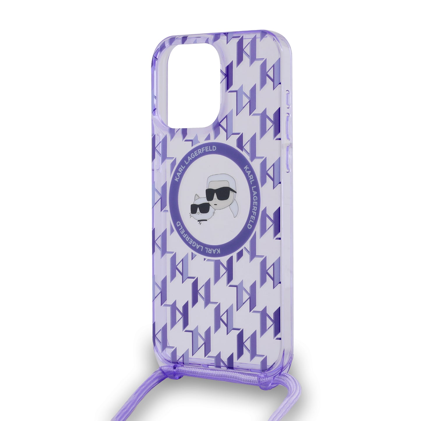 MagSafe Case for Apple iPhone 15 Pro, Karl Lagerfeld, IML Crossbody Monogram Karl & Choupette's Heads, Purple