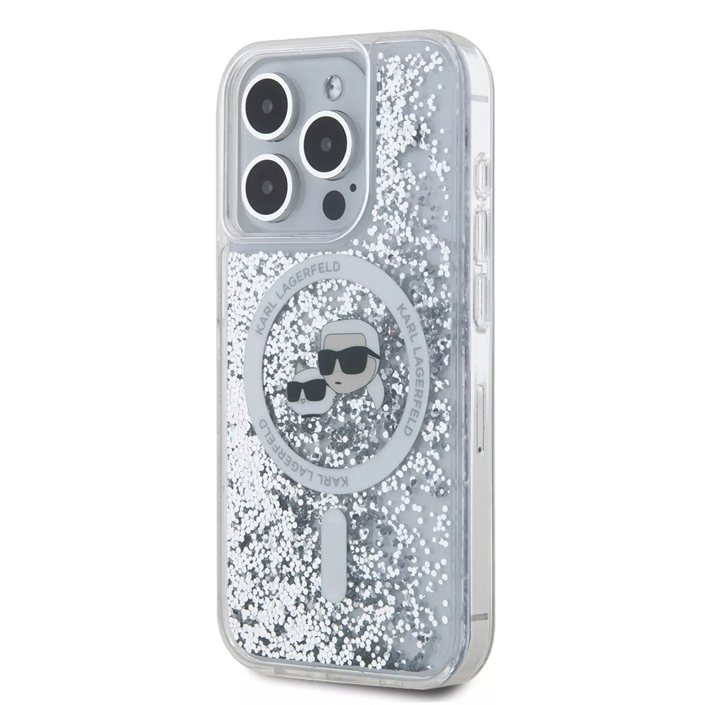 MagSafe Case for Apple iPhone 15 Pro, Karl Lagerfeld, Liquid Glitter Karl & Choupette's Heads, Transparent