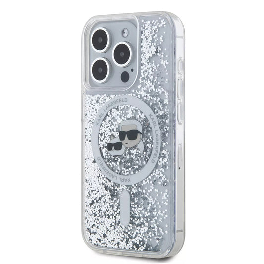 MagSafe Case for Apple iPhone 15 Pro, Karl Lagerfeld, Liquid Glitter Karl & Choupette's Heads, Transparent
