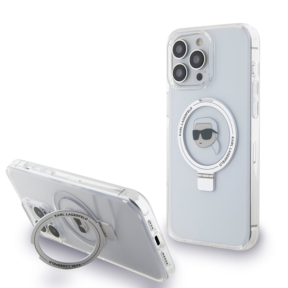 MagSafe Case for Apple iPhone 15 Pro Max, Karl Lagerfeld, Ring Stand Karl's Head, White