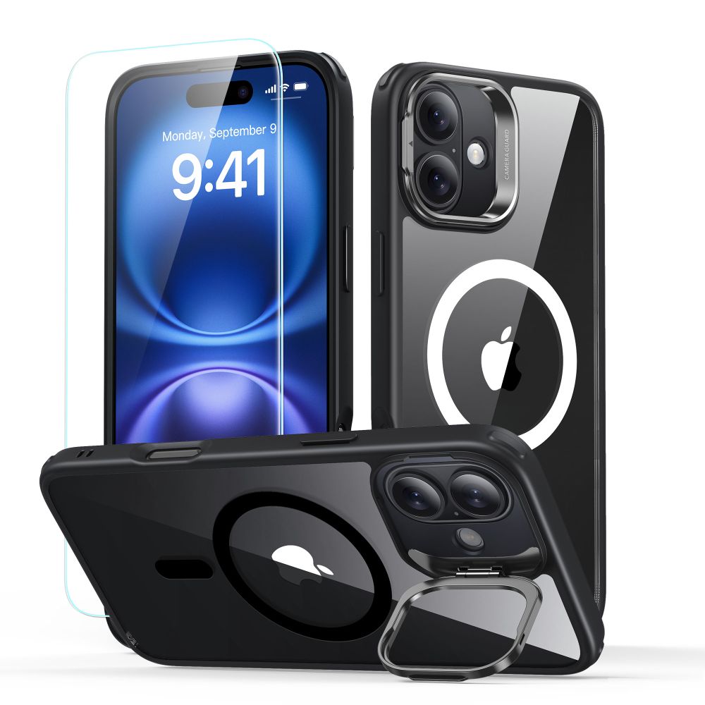 MagSafe Case for Apple iPhone 16, ESR, Classic Hybrid Kickstand with Screen Protector, Transparent Black