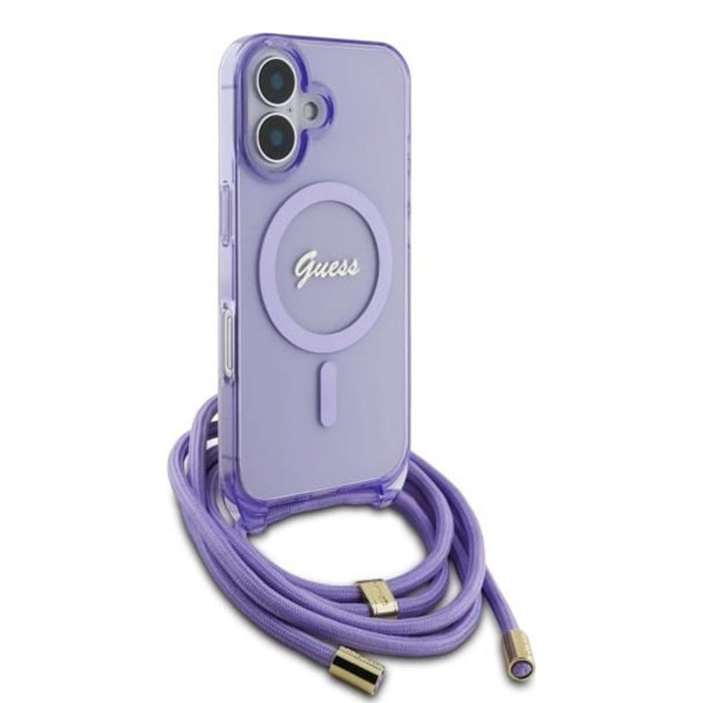 MagSafe Case for Apple iPhone 16, Guess, IML Crossbody Cord Script, Purple