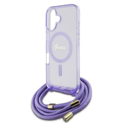 MagSafe Case for Apple iPhone 16, Guess, IML Crossbody Cord Script, Purple