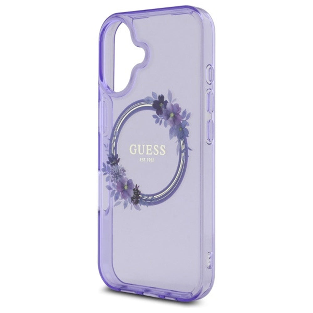 MagSafe Case for Apple iPhone 16, Guess, IML Flowers Wreath, Purple