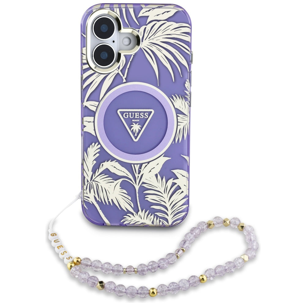 MagSafe Case for Apple iPhone 16, Guess, IML Palm Trees Triangle with Pearl Strap, Purple