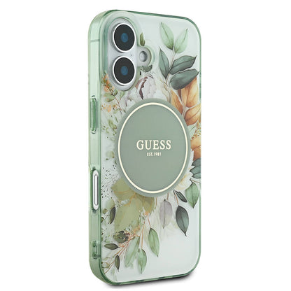 MagSafe Case for Apple iPhone 16 Plus, Guess, IML Flower & Tonal Circle, Green