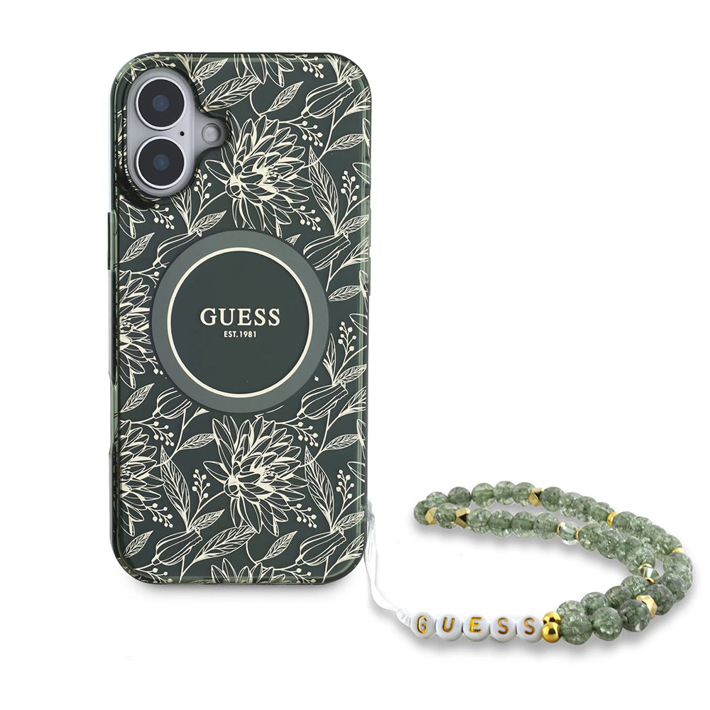 MagSafe Case for Apple iPhone 16 Plus, Guess, IML Flowers Allover Electroplated with Pearl Strap, Green