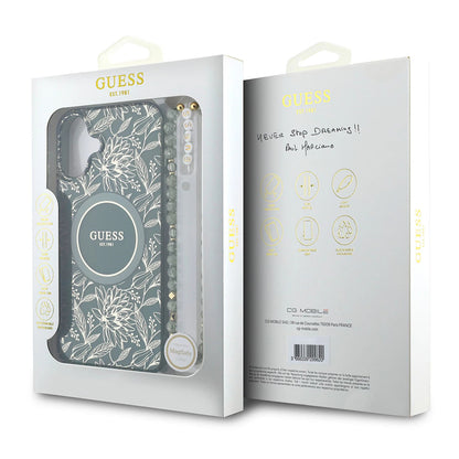 MagSafe Case for Apple iPhone 16 Plus, Guess, IML Flowers Allover Electroplated with Pearl Strap, Green