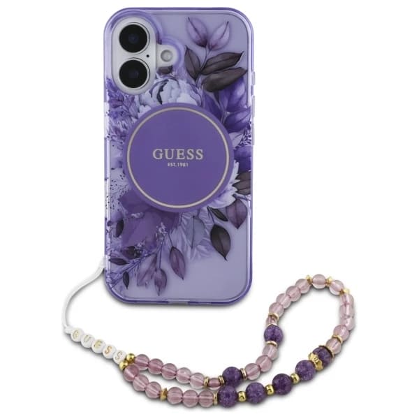 MagSafe Case for Apple iPhone 16 Plus, Guess, IML Flowers with Pearl Strap, Purple