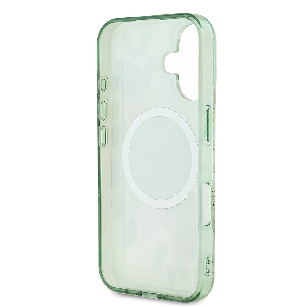 MagSafe Case for Apple iPhone 16 Plus, Guess, IML Flowers with Pearl Strap, Green
