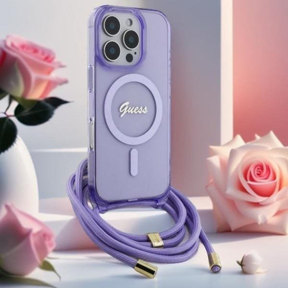 MagSafe Case for Apple iPhone 16 Pro, Guess, IML Crossbody Cord Script, Purple