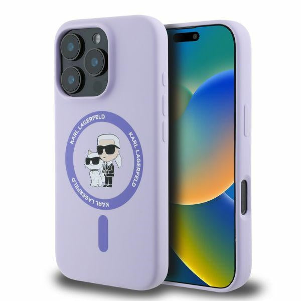 MagSafe Case for Apple iPhone 16 Pro, Karl Lagerfeld, Silicone Ring Karl & Choupette, Purple
