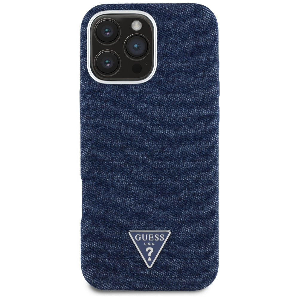 MagSafe Case for Apple iPhone 16 Pro Max, Guess, Denim Triangle Logo, Blue