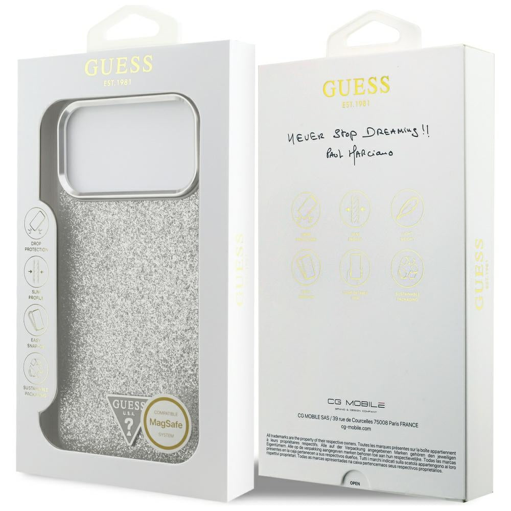 MagSafe Case for Apple iPhone 17 Pro Max, Guess, Glitter Triangle Logo, Silver