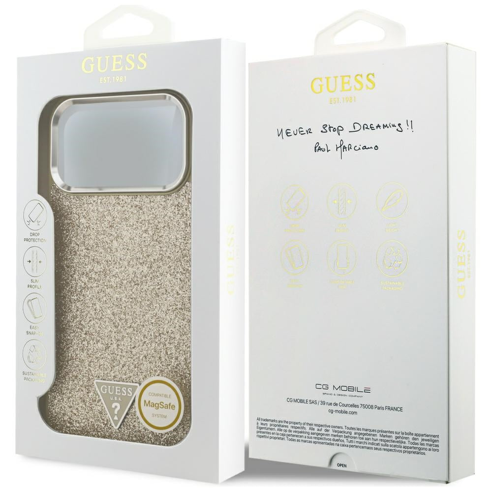 MagSafe Case for Apple iPhone 17 Pro Max, Guess, Glitter Triangle Logo, Gold