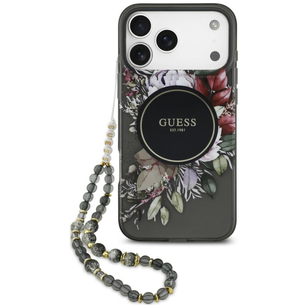 MagSafe Case for Apple iPhone 18 Pro / 17 Pro, Guess, IML Flowers with Pearl Strap, Black