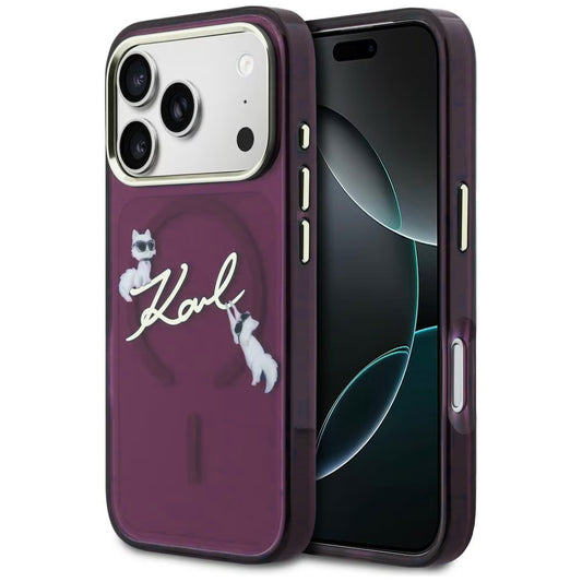 MagSafe Case for Apple iPhone 18 Pro / 17 Pro, Karl Lagerfeld, IML Choupette Karl Script Logo, Burgundy