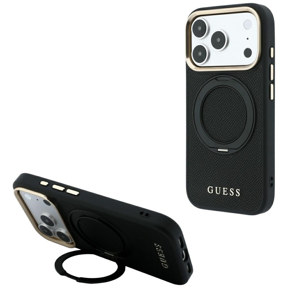 MagSafe Case for Apple iPhone 18 Pro Max / 17 Pro Max, Guess, Grained Ring Stand 360 Classic, Black