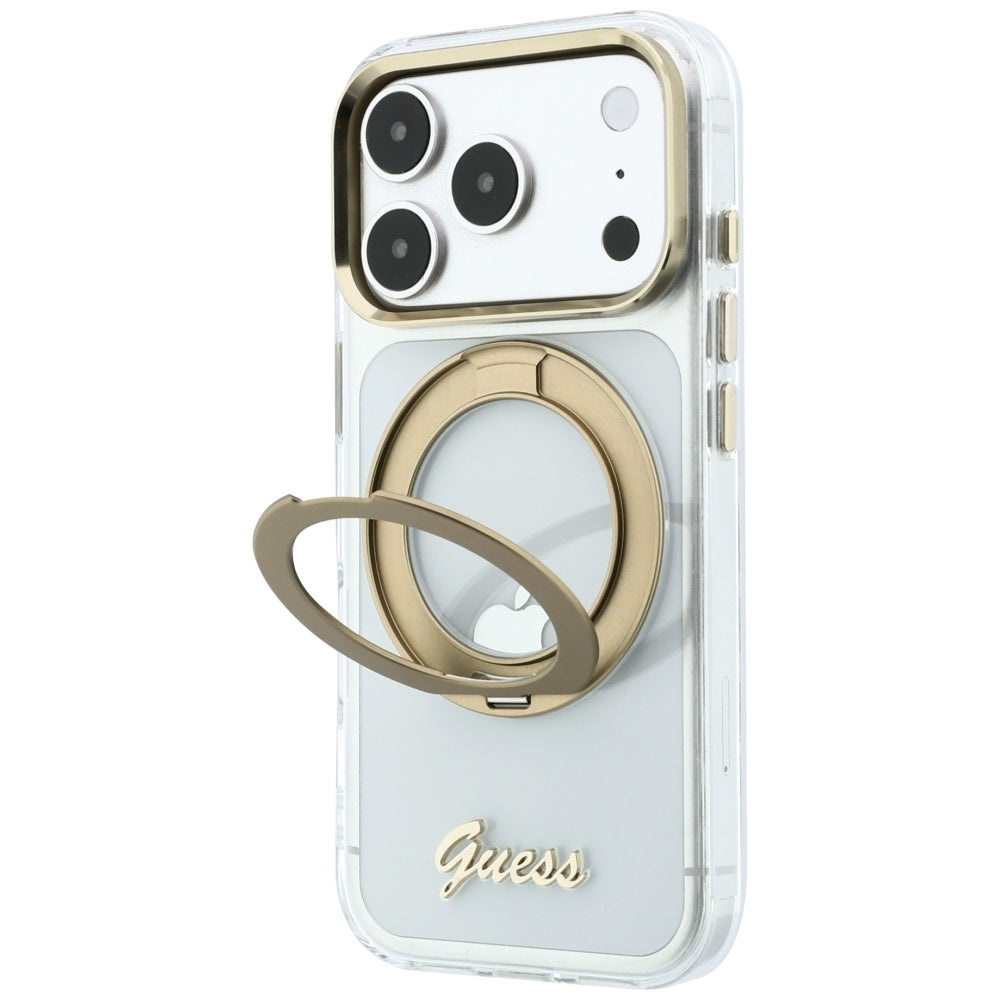 MagSafe Case for Apple iPhone 18 Pro Max / 17 Pro Max, Guess, Ring Stand Script Metal Logo, Transparent