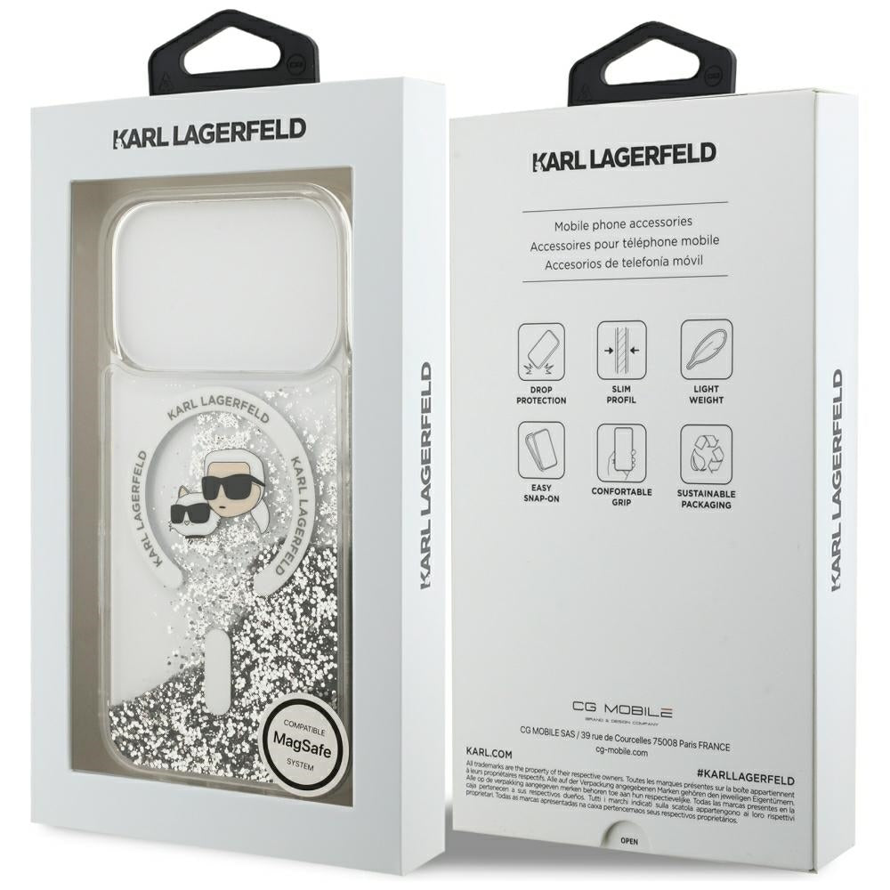 MagSafe Case for Apple iPhone 18 Pro Max / 17 Pro Max, Karl Lagerfeld, Liquid Glitter Karl & Choupette Head's, Transparent