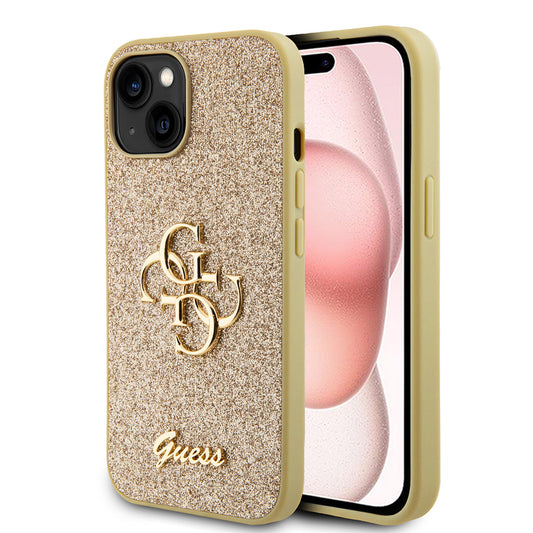 Case for Apple iPhone 15, Guess, Glitter Big 4G Script, Gold