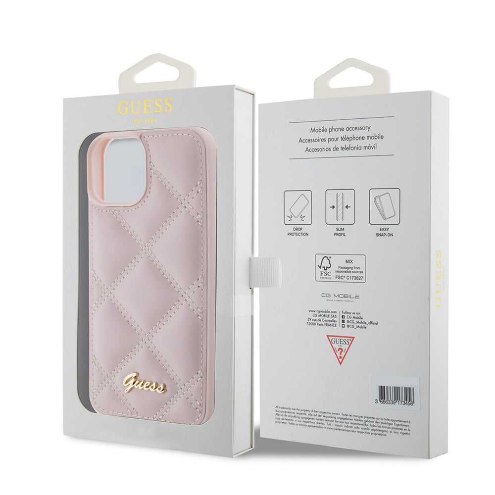 Case for Apple iPhone 15, Guess, Quilted Metal Logo, Pink