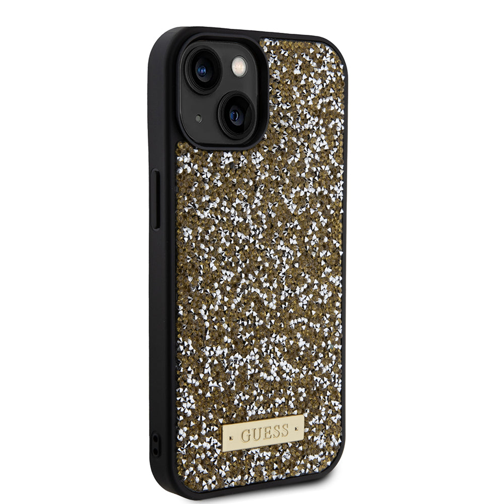 Case for Apple iPhone 15, Guess, Rhinestone Metal Logo, Yellow