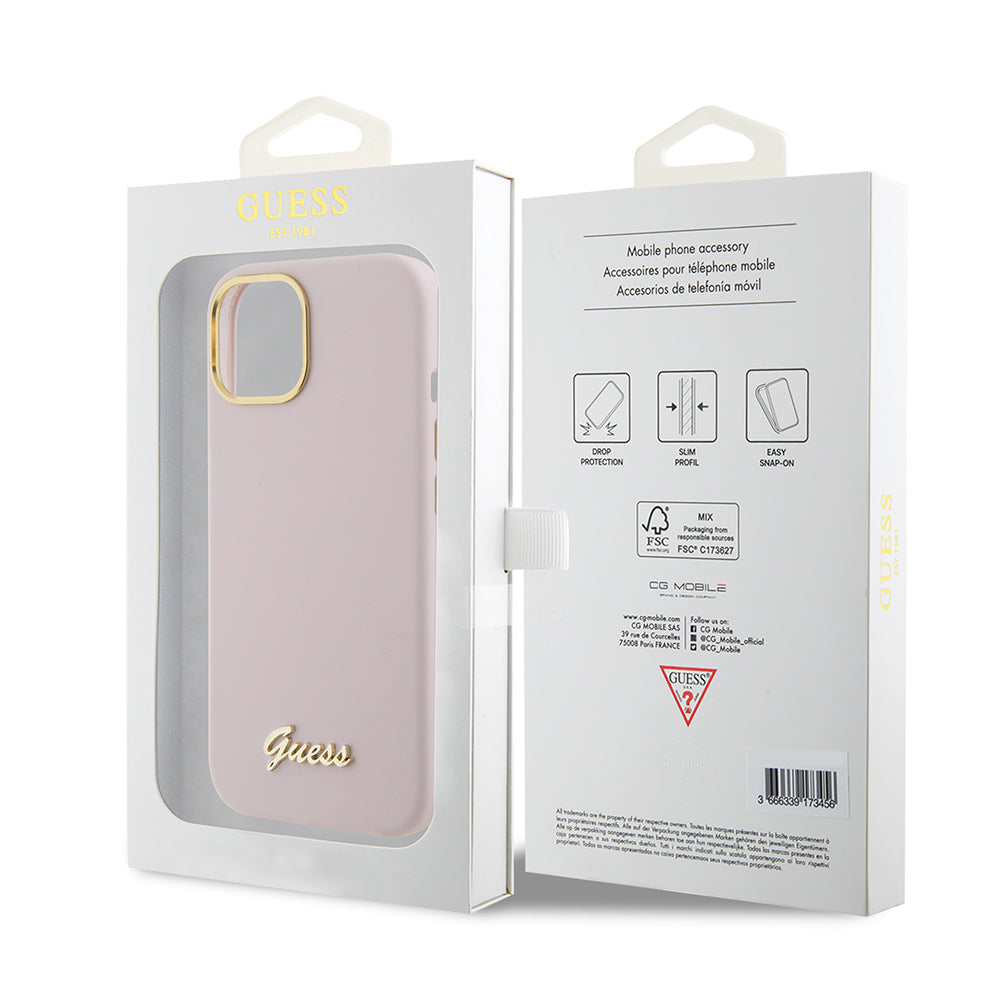 Case for Apple iPhone 15, Guess, Script Metal Logo & Frame, Light Pink