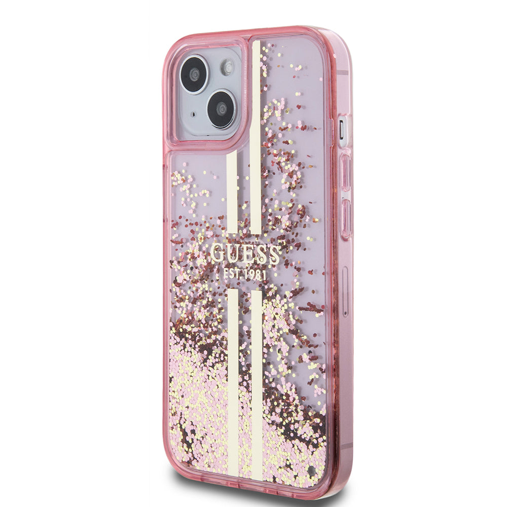Case for Apple iPhone 15 Plus, Guess, Liquid Glitter Gold Stripes, Pink