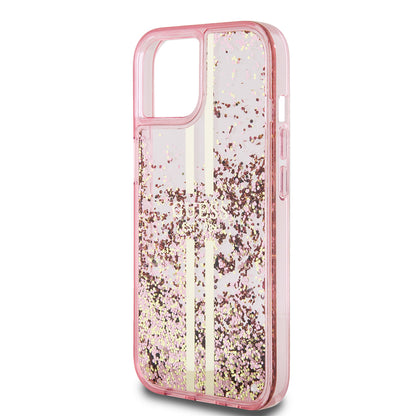 Case for Apple iPhone 15 Plus, Guess, Liquid Glitter Gold Stripes, Pink