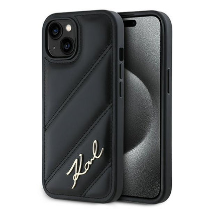 Case for Apple iPhone 15 Plus, Karl Lagerfeld, Diagonal Quilted Script, Black