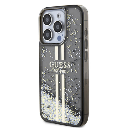 Case for Apple iPhone 15 Pro, Guess, Liquid Glitter Gold Stripe, Black