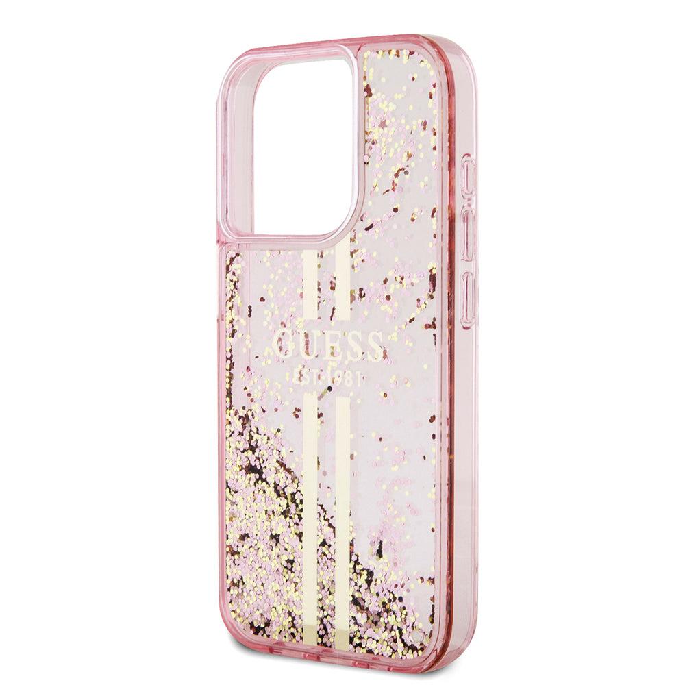 Case for Apple iPhone 15 Pro, Guess, Liquid Glitter Gold Stripes, Pink