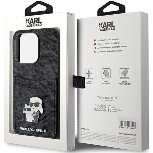 Case for Apple iPhone 15 Pro, Karl Lagerfeld, Saffiano Card Slot Metal Karl & Choupette, Black