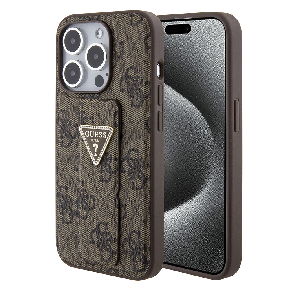 Case for Apple iPhone 15 Pro Max, Guess, Grip Stand 4G Triangle Strass, Brown