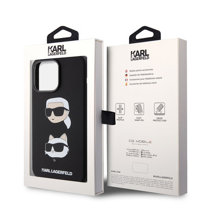Case for Apple iPhone 15 Pro Max, Karl Lagerfeld, Silicone Karl & Choupette Heads, Black