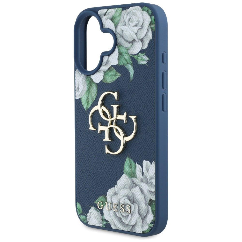 Case for Apple iPhone 16, Guess, 4G Grained Roses Big Logo, Blue