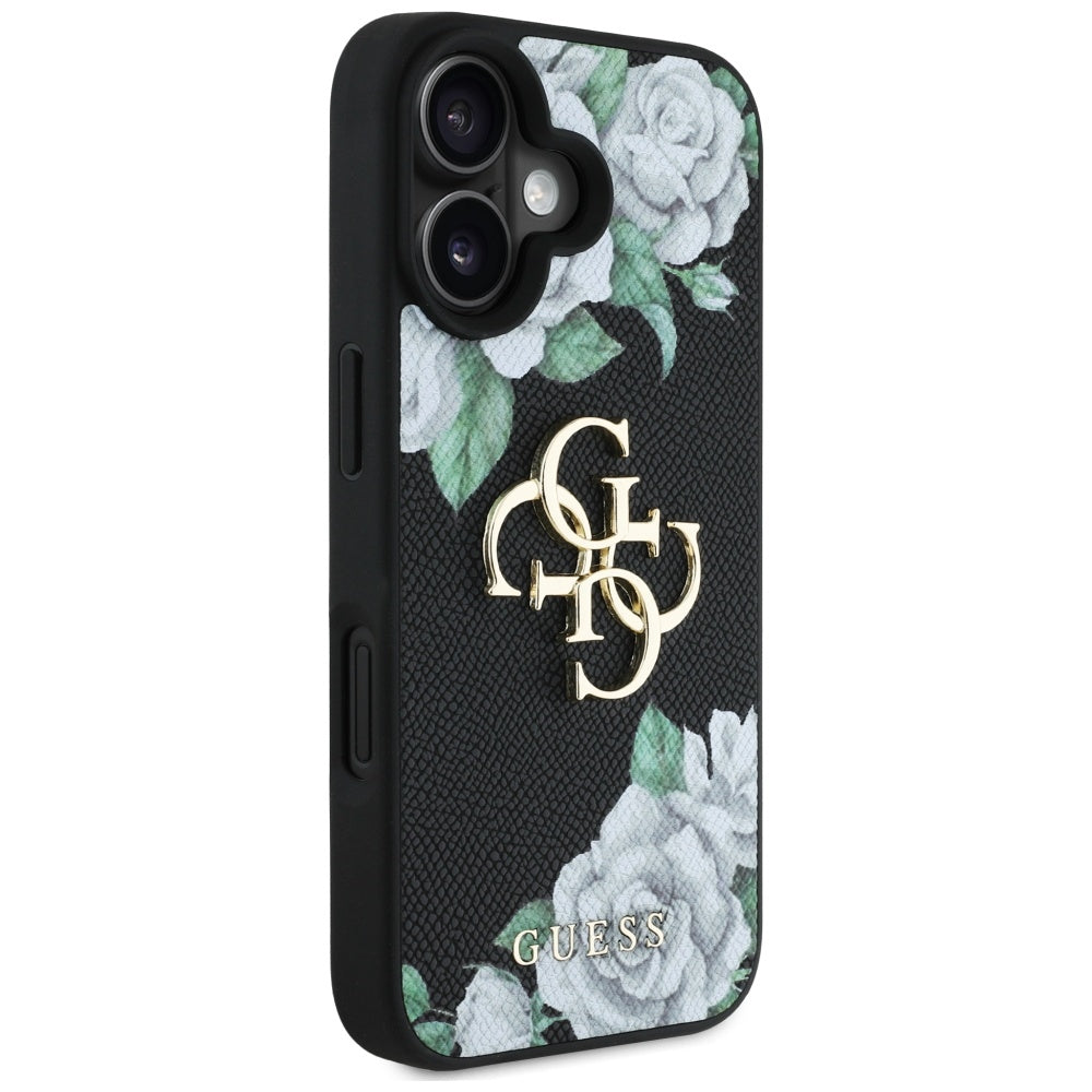 Case for Apple iPhone 16, Guess, 4G Grained Roses Big Logo, Black