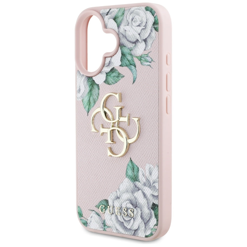 Case for Apple iPhone 16, Guess, 4G Grained Roses Big Logo, Pink