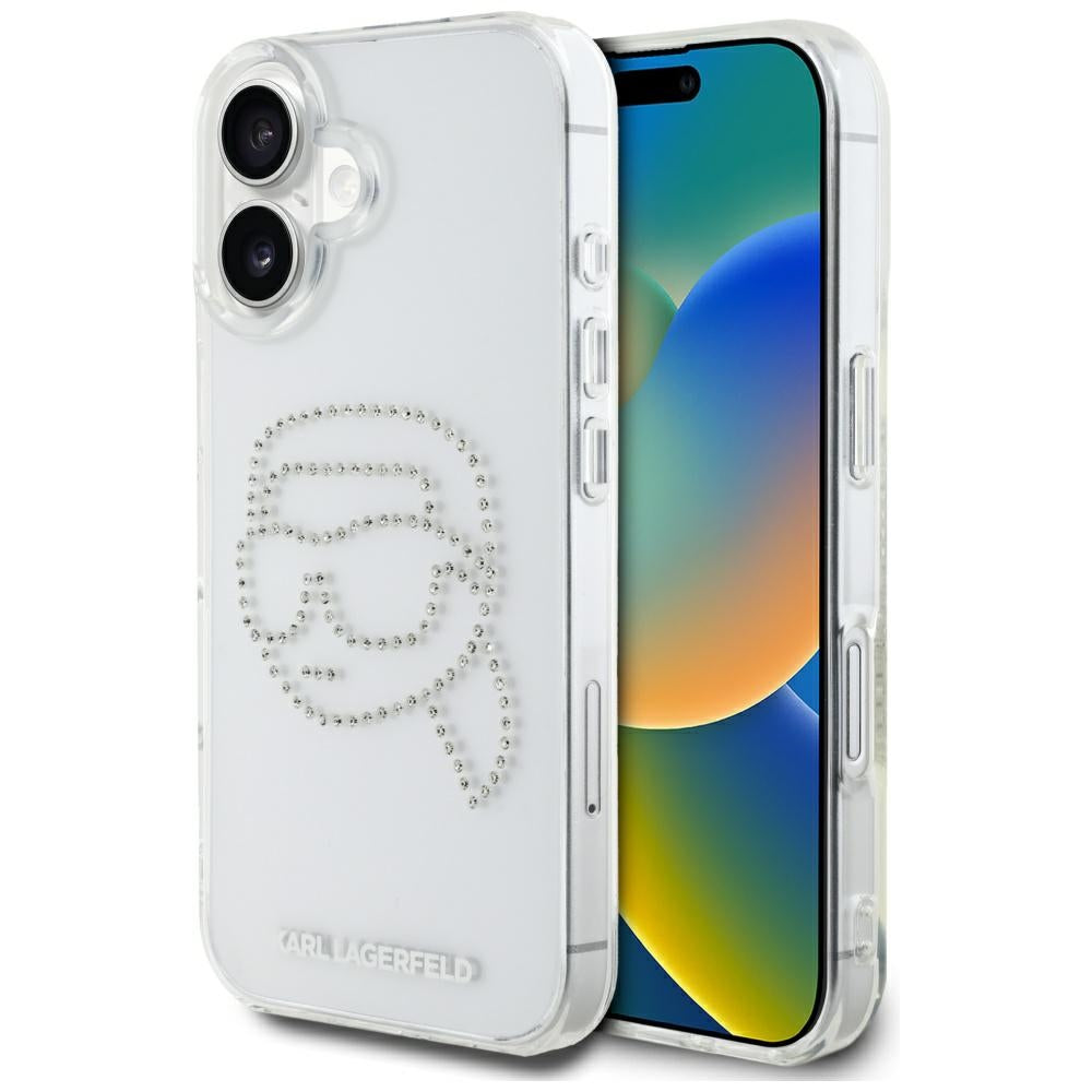Case for Apple iPhone 16, Karl Lagerfeld, IML Rhinestones Karl's Head, Transparent