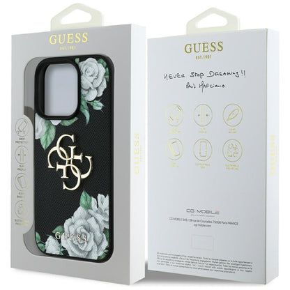 Case for Apple iPhone 16 Pro, Guess, 4G Grained Roses Big Logo, Black