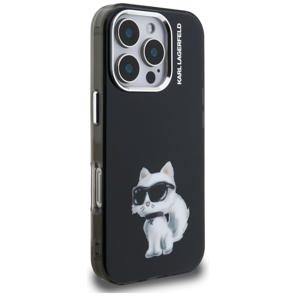 Case for Apple iPhone 16 Pro, Karl Lagerfeld, IML Aquarelle Logo Choupette, Black