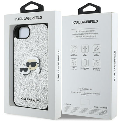 Case for Apple iPhone 16e, Karl Lagerfeld, Glitter Fixed Karl & Choupette's Heads, Silver