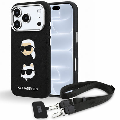 Case for Apple iPhone 18 Pro / 17 Pro, Karl Lagerfeld, Saffiano Crossbody Karl & Choupette Head's Pins Logo, Black