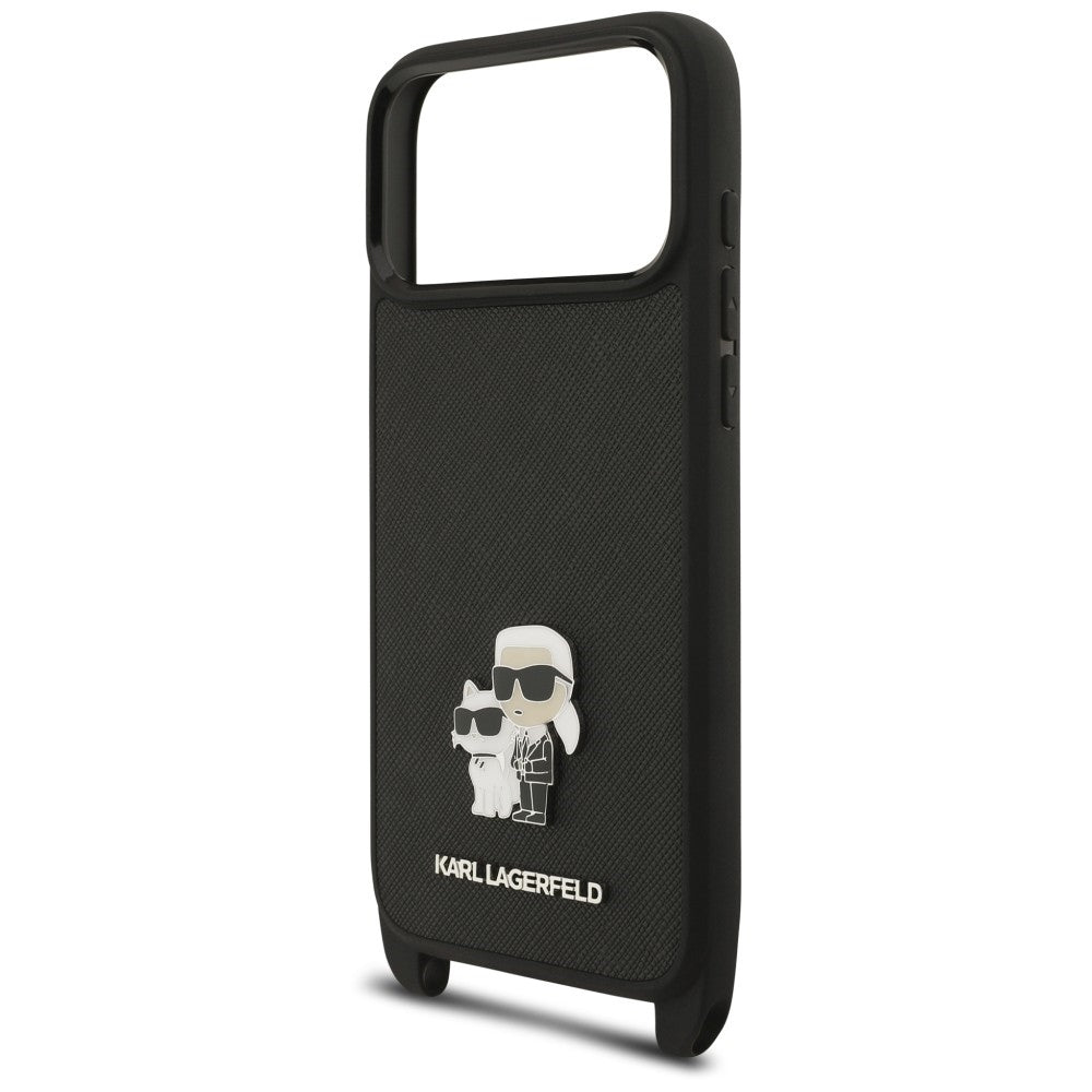 Case for Apple iPhone 18 Pro / 17 Pro, Karl Lagerfeld, Saffiano Crossbody Metal Pin Karl & Choupette, Black