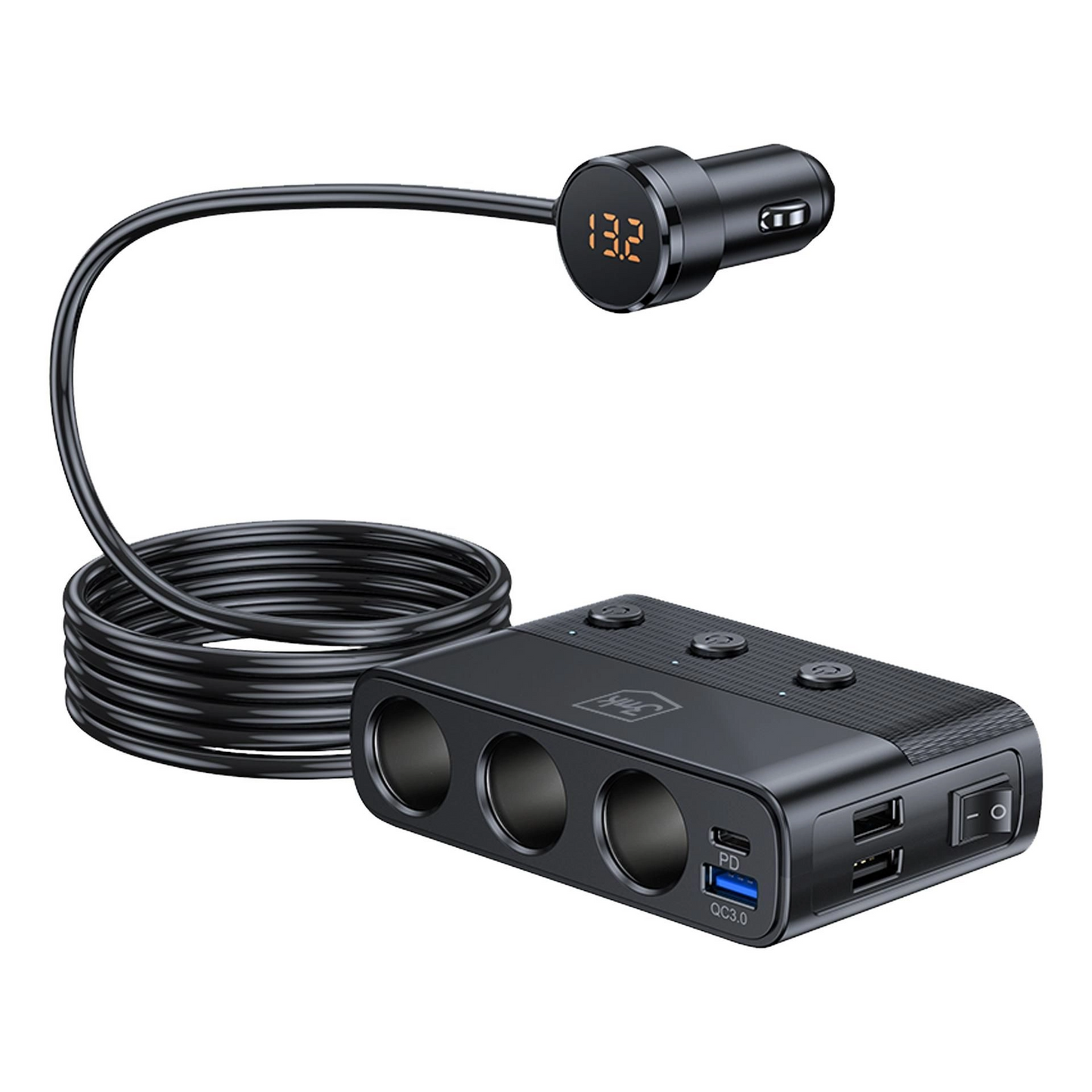 3MK Power Splitter Car Charger, 120W, 3A, 3 x USB-A - 1 x USB-C - 3 x Cigarette Lighter Extension, Black