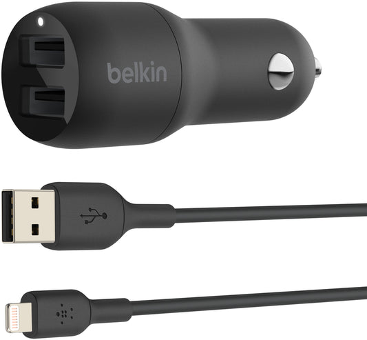 Belkin BoostCharge Dual Lightning Cable Car Charger, 24W, 2.4A, 2 x USB-A, Black CCD001bt1MBK