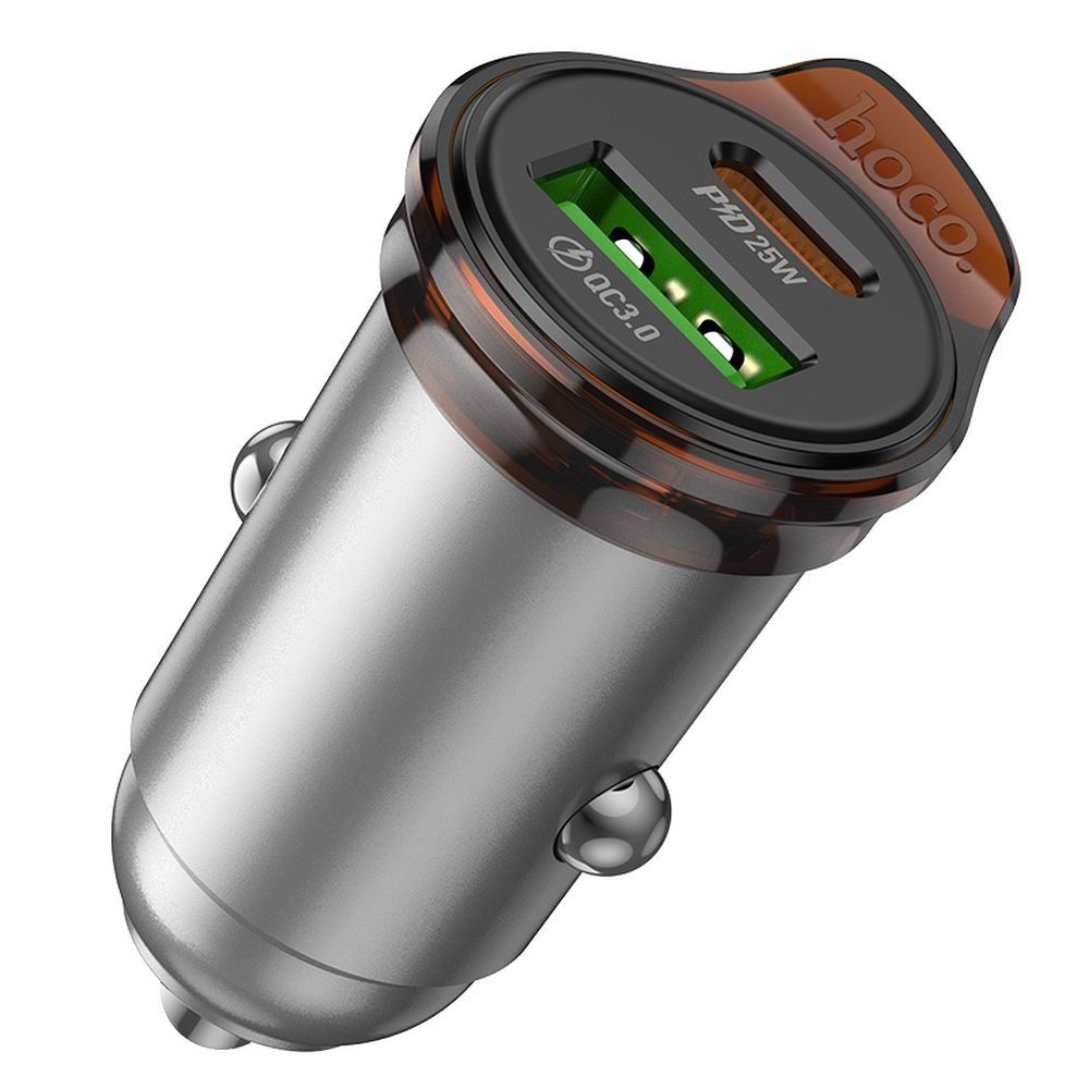 Car Charger with Lightning Cable HOCO NZ16A, 43W, 3A, 1 x USB-A - 1 x USB-C, Gray